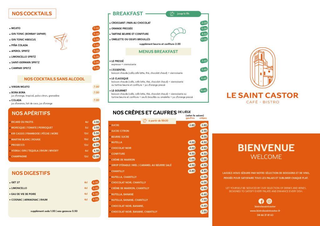 carte des boissons du bistro le saint castor Nîmes