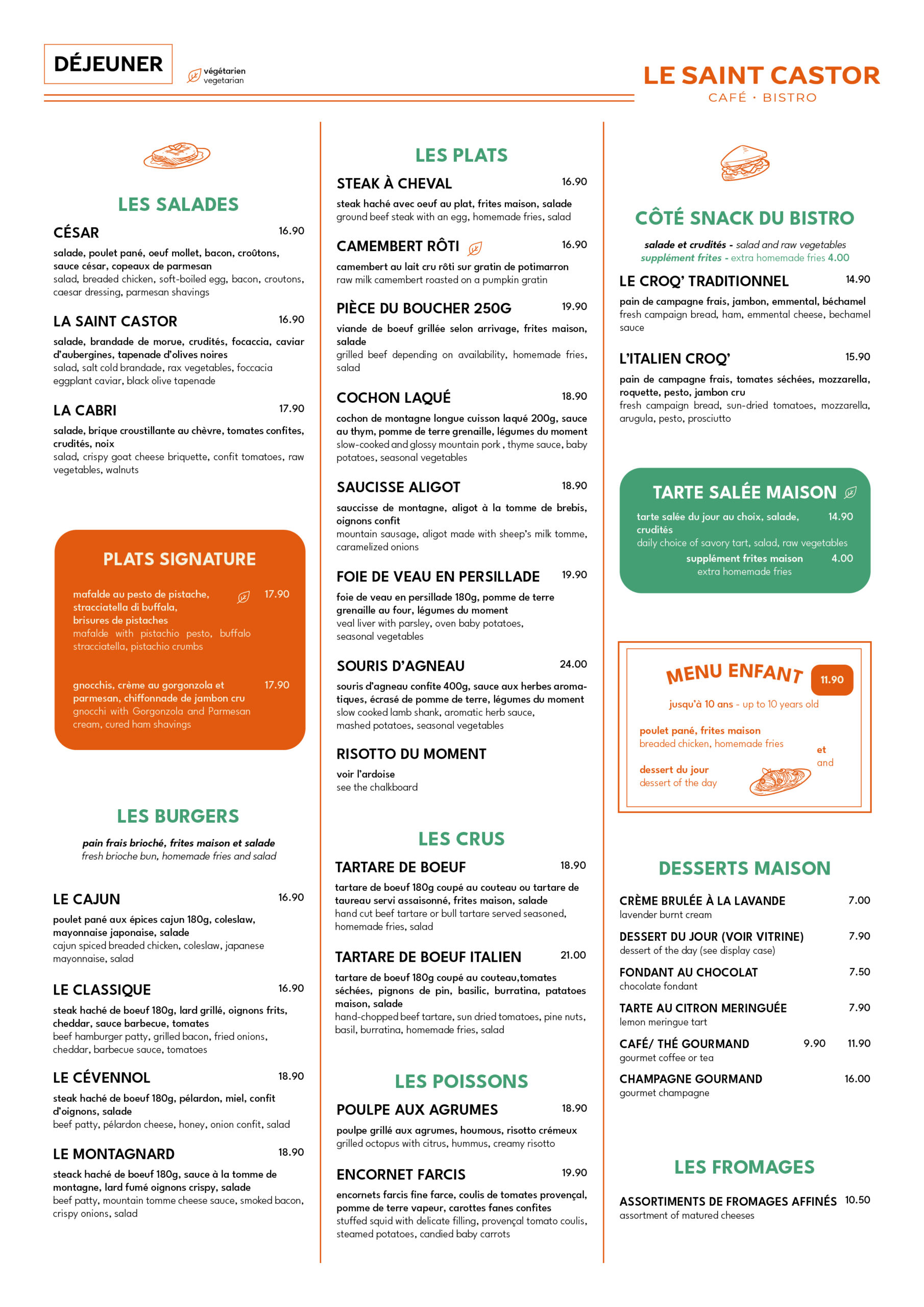 carte d'hiver du bistro le saint castor Nîmes